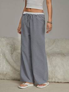 HautHeat Women's Plaid Wide Leg Loungewear Bottoms - Black and White - View 5
