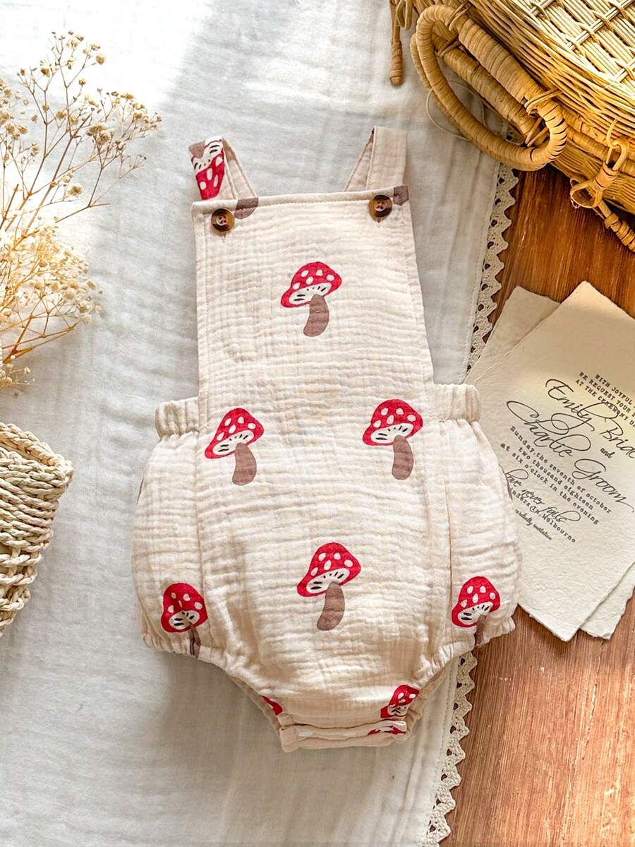 SHEIN Vintaside Kids Bộ áo liền quần in hình nấm cho bé gái, kiểu dáng thường ngày, thích hợp cho mùa hè. - Nhiều màu - Xem 1
