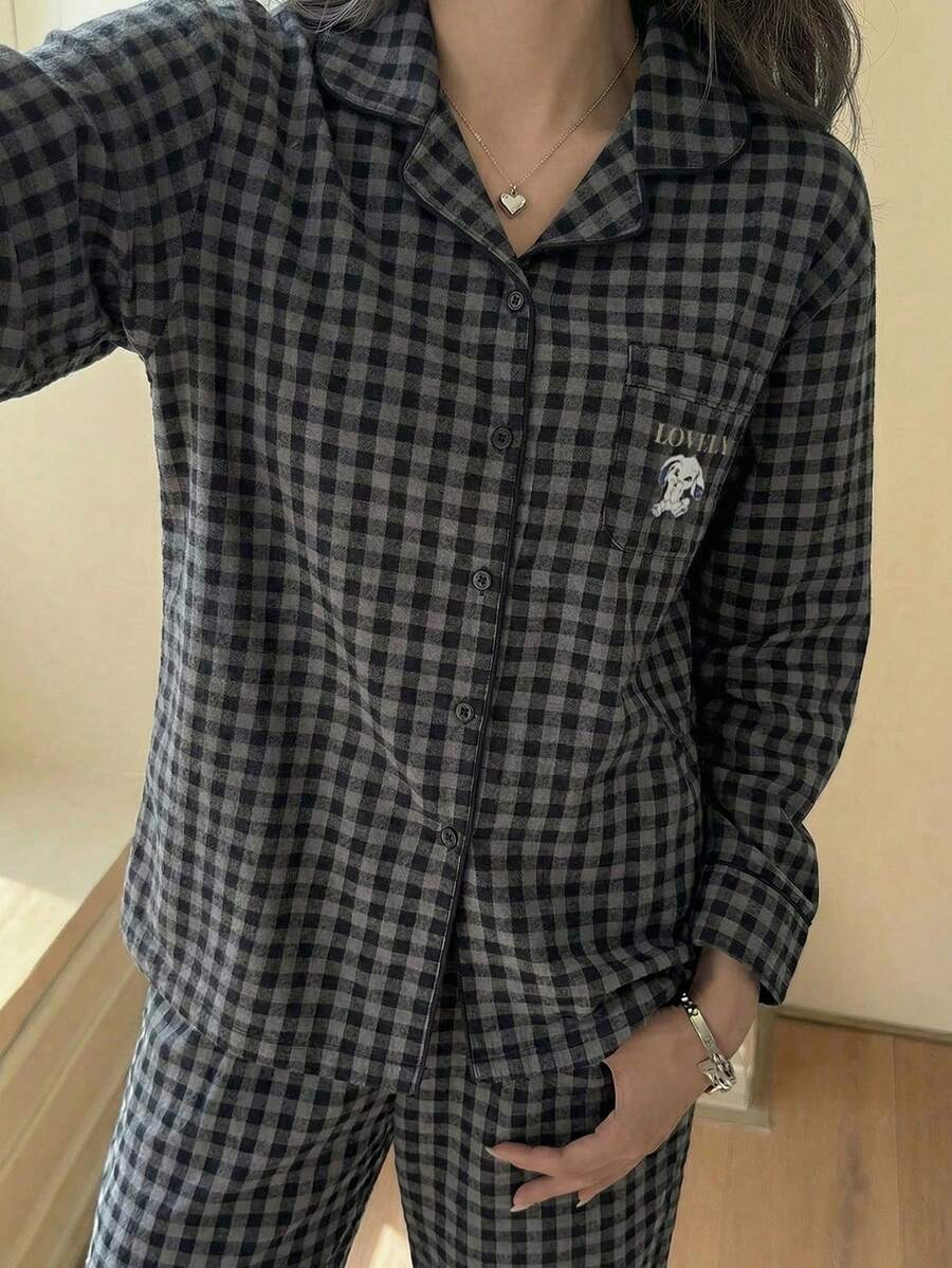 DAZY Women's Button Front Long Sleeve Plaid Print Top And Pants Casual Pajama Set, Fall Winter Clothes - Black - View 1