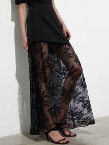 Aveloria Modichic Women's Lace And Woven Fabric Slim Fit H-Line Lace Patchwork Hem See-Through Design Faux Two-Piece Visual Effect Maxi Skirt Elegant Romantic Retro Modern Black Black Dress For Women Elegant Party Dresses Formal Dresses For Women Black Skirt - Black - View 1