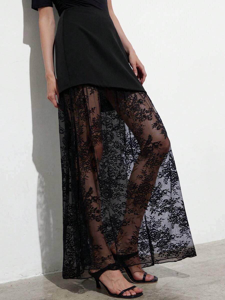 Aveloria Modichic Women's Lace And Woven Fabric Slim Fit H-Line Lace Patchwork Hem See-Through Design Faux Two-Piece Visual Effect Maxi Skirt Elegant Romantic Retro Modern Black Black Dress For Women Elegant Party Dresses Formal Dresses For Women Black Skirt - Black - View 1