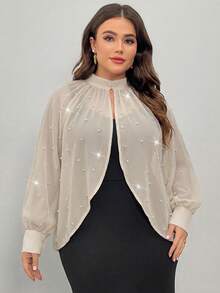 Elenzga Áo kiểu dài tay thanh lịch bằng chiffon đính ngọc trai dành cho nữ cỡ lớn - Màu be - Xem 4