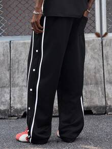 EVRINFINITE Men Contrast Tape Button Side Drawstring Waist Sweatpants - Black - View 2