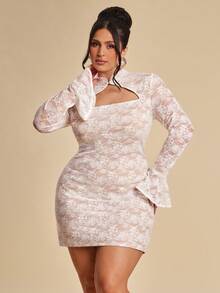 SHEIN BAE 女士加大码春季性感修身蕾丝白色镂空连衣裙 - 白色 - 查看 4