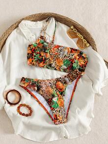 Swim Vcay 女士豹纹花卉印花金属链条单肩高衩裤装时尚优雅性感比基尼套装，适合海滩、音乐节、春夏等场合 - 彩色 - 查看 3