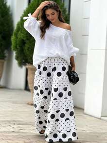 Balvessa Quần ống rộng chấm bi phối màu dành cho nữ đi nghỉ mát - trắng - Xem 1