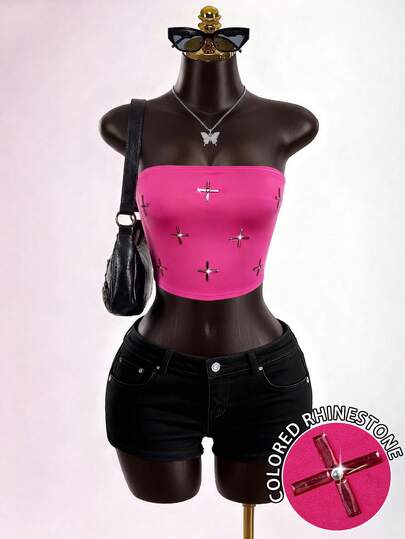 SaltGleam SaltGleam Women's Tops, Women's Fuchsia Top, Women's Sexy Strapless Basic Camisole, Women's Fashionable Solid Color Elastic Fitted Tube Top, Women's Embellished Graphic Fitted Tube Top, Summer Tops, Suitable For Daily Wear, Streetwear, Parties, Gatherings, Dates