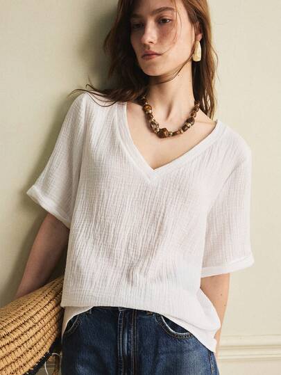 Écloséra 女士休闲度假风纯棉V领短袖衬衫