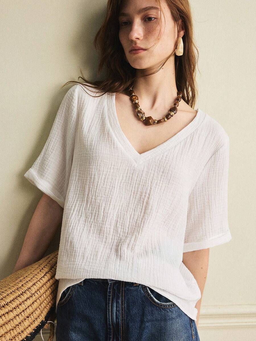 Écloséra 女士休闲度假风纯棉V领短袖衬衫 - 白色 - 查看 1