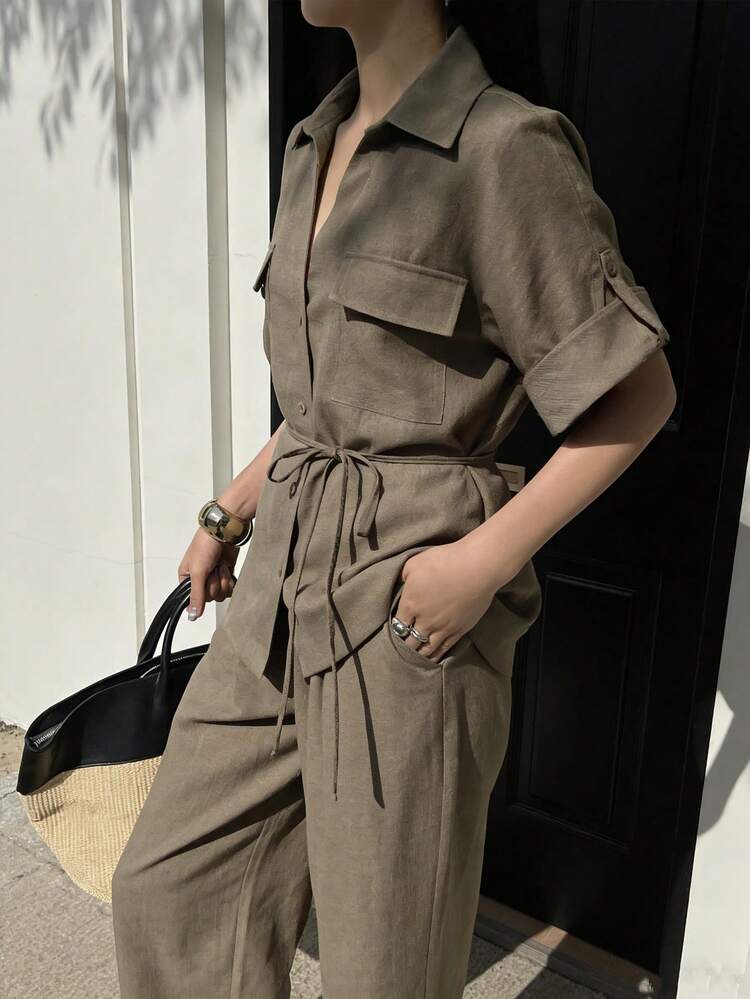 Women's Summer Casual/Work Solid Color Shirt And Pants 2 Pieces Set