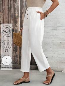 EMERY ROSE Women's Solid Color Ruffle Waistband Button Design Casual Pants Summer Holiday Outfits  Summer Outfit For Women Women's Country Pants White Pants White Trousers For Women Linen Pants For Women Zenske Pantalone Straight Pants For Women - White - View 7