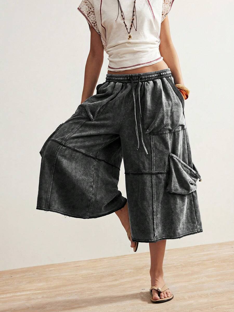 Bohemela Casual Solid Color Knit Loose Capri Pants - Black - View 1