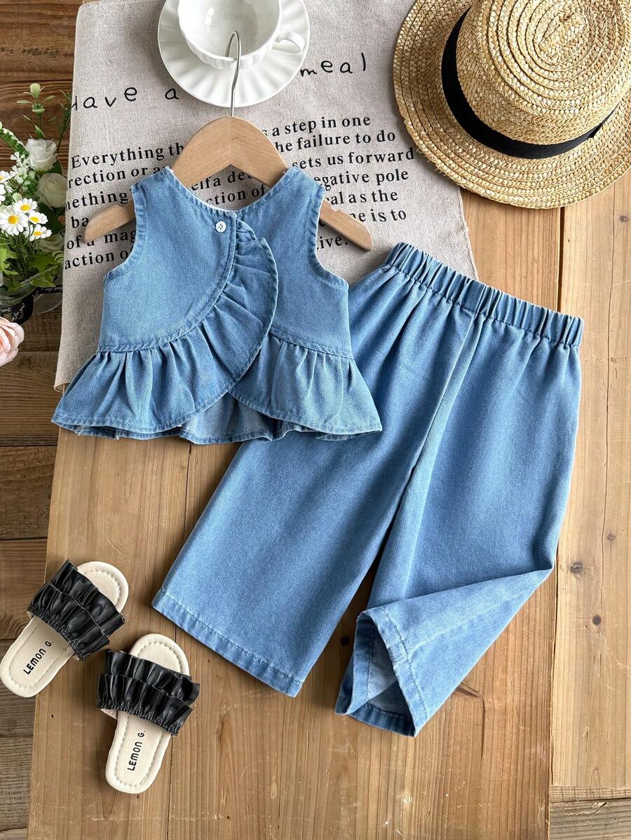 LMoss Kids 2 piezas Conjunto de top sin mangas y pantalones de mezclilla azul claro para niñas bebé - Lavado ligero - Ver 1