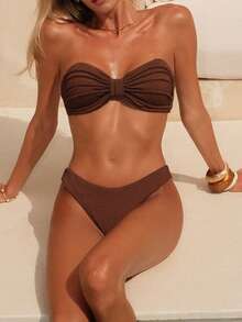 Swim Chiccia Bộ bikini nữ bằng vải jacquard, cổ yếm, kiểu tết bím, thích hợp cho mùa xuân/hè. - màu nâu - Xem 6