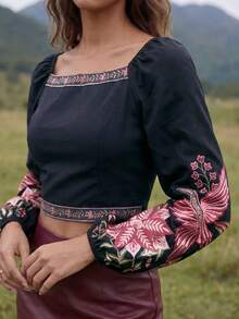 CAJUNI Camisa de mujer con estampado floral, de uso casual y versátil para el día a día - Negro - Ver 4