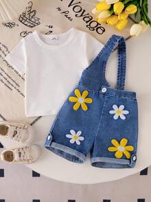 SHEIN Playful Pals 2件組女嬰幼童甜美白色T恤搭配花卉刺繡牛仔吊帶褲 藍白配色夏季休閒度假彈性腰牛仔短褲 - 白色 - 查看 9