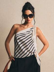 Poéselle Women's Fashionable Striped Tie Shoulder Blouse, Summer - Black and White - View 2
