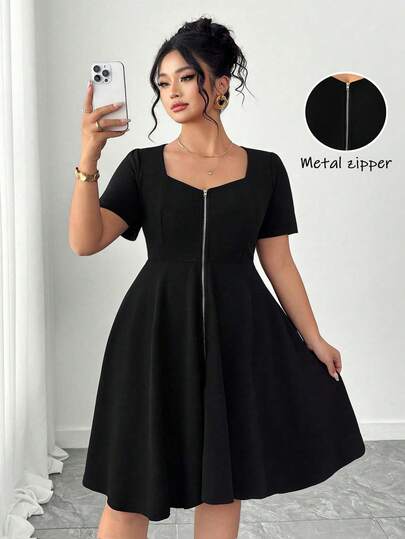 Elenzga Đầm chữ A tay ngắn cổ chữ V màu trơn thanh lịch dành cho nữ cỡ lớn, thiết kế khóa kéo kim loại, đa năng, phù hợp mặc hàng ngày, đi làm, dự tiệc, đi chơi.