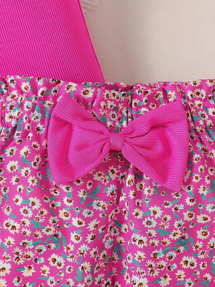 SHEIN Elladie kids Young Girls 2pcs Set: Pink Knit Round Neck Puff Sleeve Top + Pink Ditsy Floral Bow Decor Short Pants, Suitable For Daily Outings And Play, Fits Girls Aged 4-7, Spring/Summer Pink Ribbed Top For Girls Kids Outfit For Girls Floral Shorts With Bow Girls Summer Outfit Set Girl Outfit Sets Summer Girls Outfit Sets Spring Outfits For Girls Toddler Girl Two Piece Outfit Girls Clothes Set - Hot Pink - View 6