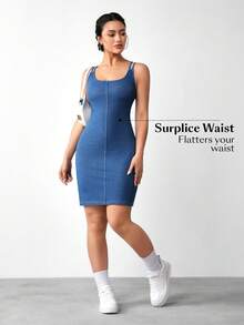 Flexra Đầm denim ôm sát người với dây đeo mảnh, chất liệu dệt kim co giãn, thích hợp cho mùa hè. - Màu xanh lam - Xem 7