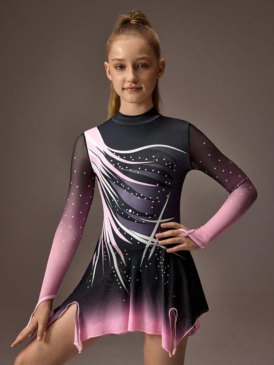 Tween Girl Mandarin Collar Color Block Rhinestone Decor Casual Everyday Figure Skating Sports Jumpsuit - Multicolor - View 1