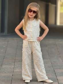 2pcs Tween Girl Fall Clothes Set - Thin Top And Pants,Back To School Clothes - Apricot - View 2