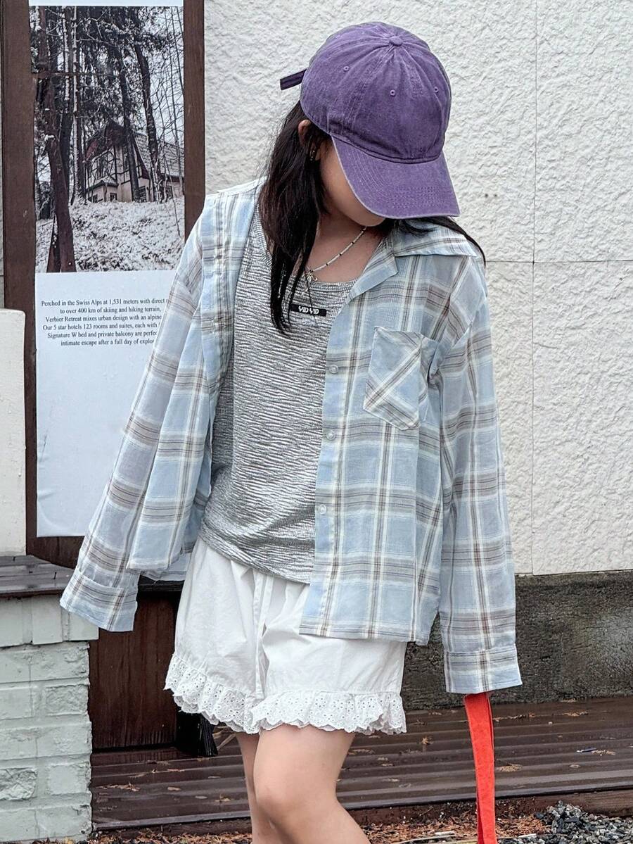 Dazy Kids Tween Girl Summer Casual Lightweight Plaid Shirt, Street Style - Multicolor - View 1