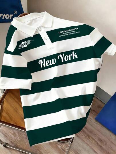 Manfinity Joysei Camisa polo de manga corta a media cartera con rayas, casual de verano para hombres