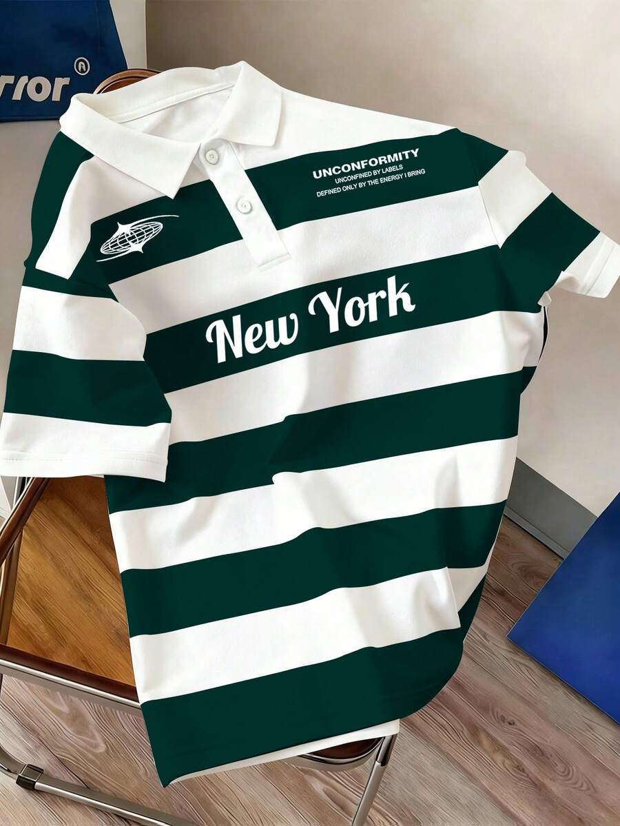 Manfinity Joysei Camisa polo de manga corta a media cartera con rayas, casual de verano para hombres - Verde Oscuro - Ver 1