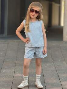 Tween Girls Denim 2-Piece Set,Girls Summer Outfits,Back To School Clothes Vacation - Light Wash - View 4