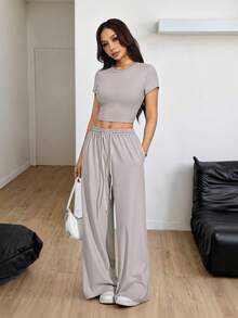 SHEIN PETITE Women's Casual Solid Color Cropped T-Shirt And Pants 2 Pieces Set, Summer Casual Two Pieces Set Two Pieces Lounge Set Two Pieces Set Women Grey Two Pieces Set Comfortable Two Pieces Set,Work Outfits For Women - Khaki - View 5