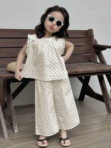 Dazy Kids 2pcs Young Girl Girls Sleeveless Allover Print Shirt + Woven Pants Set, Spring/Summer Vacation - White - View 4