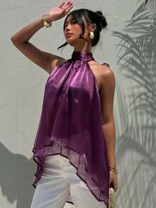 Aloruh Áo kiểu nữ thanh lịch cổ cao buộc dây không tay chất liệu chiffon màu trơn - Màu tím - Xem 7