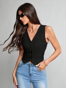 SHEIN Tall Áo vest không cổ, cổ chữ V, cài cúc phía trước, màu kaki trơn, trang phục công sở, thường ngày dành cho nữ, phù hợp mùa thu/đông. - màu đen - Xem 5