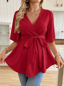 SHEIN Áo bầu cổ chữ V viền bèo có thắt lưng, áo kiểu nữ thường ngày, áo kiểu nữ, quần áo bà bầu mới, trang phục thường ngày cho nữ. - Màu Đỏ Sâu - Xem 5