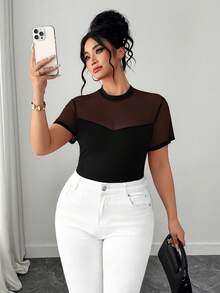 SHEIN Tall CURVE Plus Size Elegant Solid Color Stretchy Fitted Sheer T-Shirt - Black - View 5