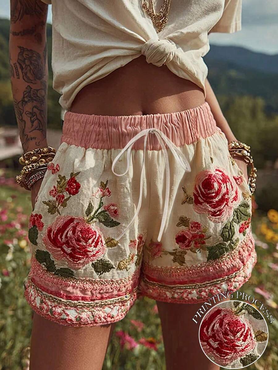 EMERY ROSE Quần short nữ dáng rộng, thắt eo, in họa tiết hoa, kiểu dáng nghỉ hè.