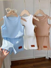 SHEIN 3件套男女宝宝休闲纯色罗纹针织背心套装，春夏宝宝服装 - 彩色 - 查看 1