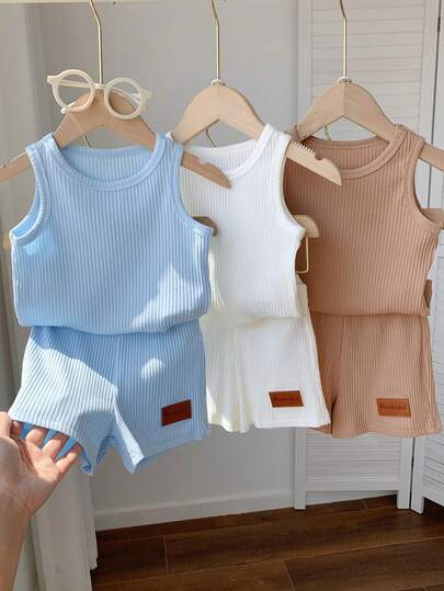 SHEIN 3pcs/Set Unisex Baby Boy/Girl Casual Solid Color Ribbed Knit Vest Outfit Set, Spring/Summer Baby Clothes