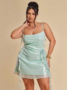 SHEIN BAE 大码女式夏季时尚派对度假3D立体花卉亮片吊带裙 - 綠色 - 查看 6