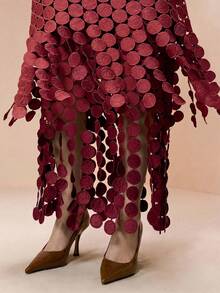 Arave Đầm dài dệt kim cổ tròn không tay, thiết kế tua rua, thanh lịch dành cho nữ, thích hợp cho hẹn hò, tiệc tùng, du lịch. - Màu Đỏ Sâu - Xem 6