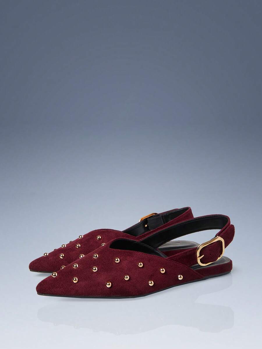 CUCCOO GRLICON Women's Pointed Toe Suede Rivet Flat Shoes, Suitable For Y2K, Punk, Fashion Girls, Office Commute, Vacation Season, Spring/Summer, Y2K 2000's Style - Burgundy - View 1