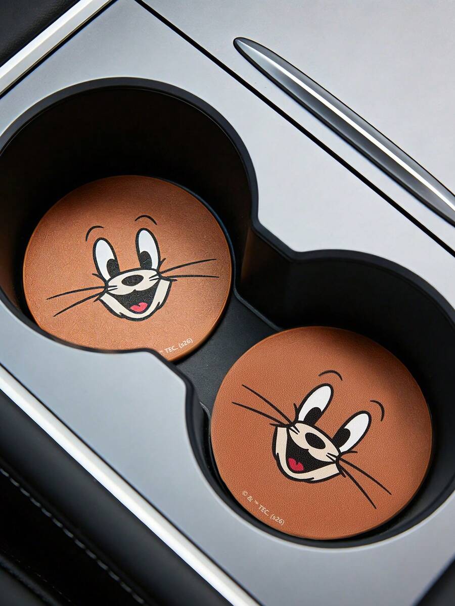 TOM & JERRY X SHEIN 2件套PU皮革汽车杯架垫，防震，通用，时尚汽车杯架垫，可放置于汽车杯架中，适用于汽车和家庭办公室，To M,Jerr Y - A - 查看 1