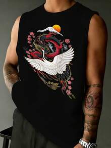 Manfinity Homme Áo tank top nam cổ tròn tối giản in hình chim hạc - màu đen - Xem 1