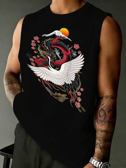 Manfinity Homme Áo tank top nam cổ tròn tối giản in hình chim hạc