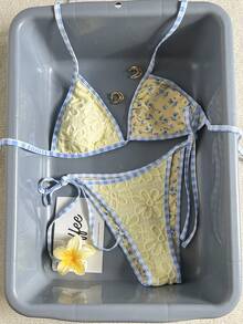 Swim Mod 女士沙滩套装，纹理针织提花面料，小碎花和格子印花，抽绳设计，双面可穿，多种穿搭方式，挂脖比基尼和三角包两件套，时尚休闲度假可爱性感女士泳装 - 彩色 - 查看 5