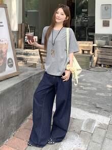 DAZY Casual Solid Color Short Sleeve T-Shirt, Versatile For Summer - Grey - View 3