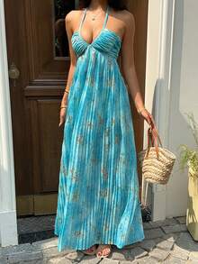 Sunnyshic Đầm nữ màu xanh dương xếp ly, in hoa, cổ chữ V, kiểu yếm, đính cườm, dây đeo vai, thích hợp cho mùa hè, ngọt ngào, lãng mạn, dự tiệc đi biển, nghỉ mát. - Màu xanh lam - Xem 5