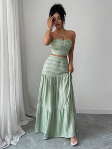 Elenzga petite Bộ áo croptop và chân váy xòe bằng vải jacquard dệt kim màu xanh lá cây, thiết kế độc đáo, thanh lịch và tinh tế, phù hợp cho sinh nhật, hẹn hò, tiệc tùng, các dịp trang trọng, mùa xuân. - màu xanh lá - Xem 4