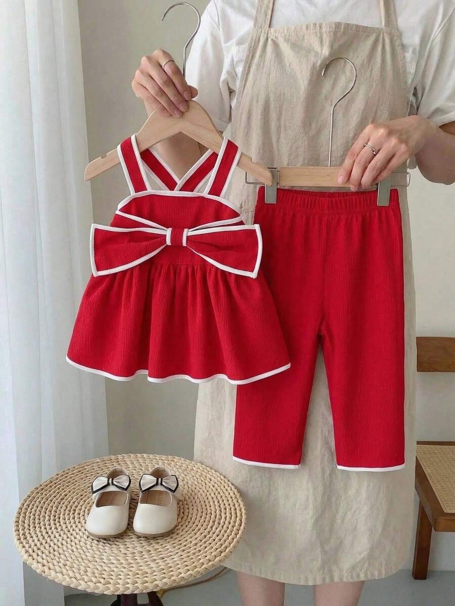 2 piezas Conjunto de top de tirantes con moño y pantalones rectos para niñas, adecuado para salidas diarias, reuniones familiares, vacaciones, sesiones de fotos, fiestas, día de la niña, ropa de primera para niñas, ropa de verano para niñas - Rojo - Ver 1